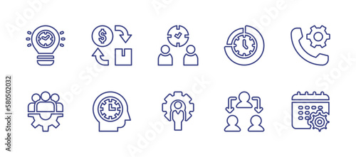 Management line icon set. Editable stroke. Vector illustration. Containing bulb, cash flow, time management, call, team, efficiency, manager, team management, calendar.