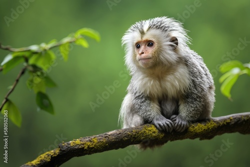 A small, rare monkey with silvery white fur is lying on a branch in the rain forest. The green background is blurry. Straight on. Mico argentatus, a silvery marmoset, lives in the eastern Amazon Rainf