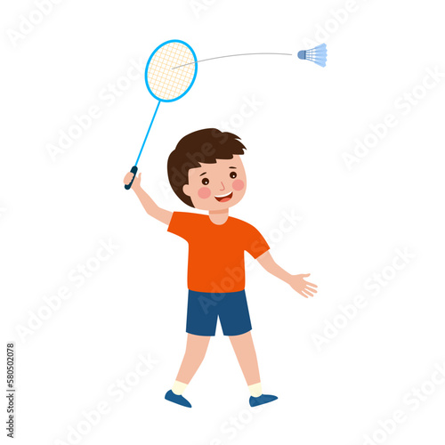 Boy child playing badminton in flat design on white background.