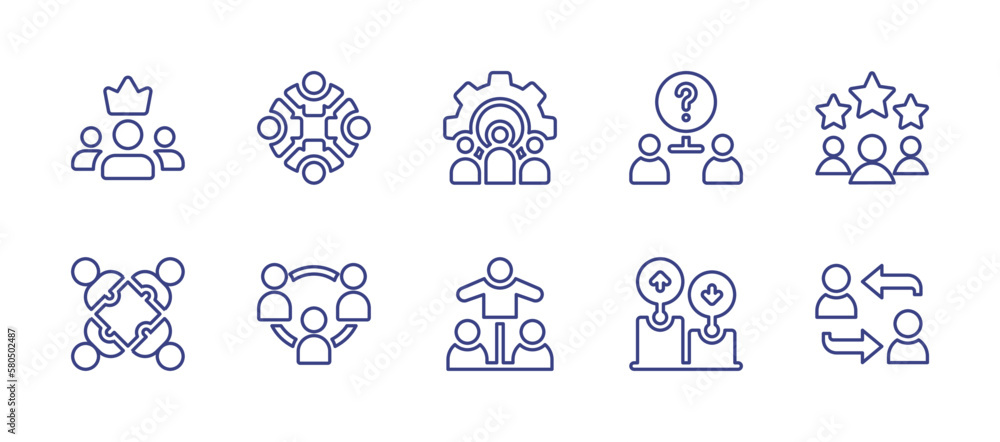 Teamwork line icon set. Editable stroke. Vector illustration. Containing team leader, team, question, team building, teamwork, team work, intermediary, efficiency, network.