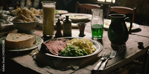 Irish Dinner with Corned Beef, Potatoes, and Vegetables, Generative AI