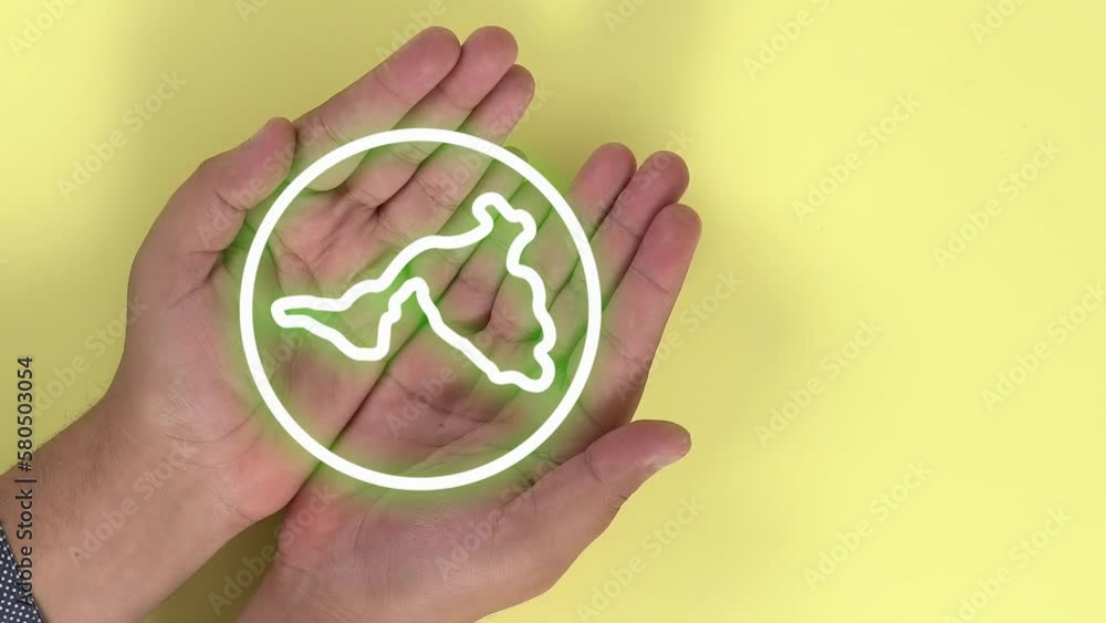 Hands of a person opening themselves and animation of a green planet earth appearing on them. Yellow background. Hands of a person opening themselves and animation of a green planet earth appearing on them. Yellow background.