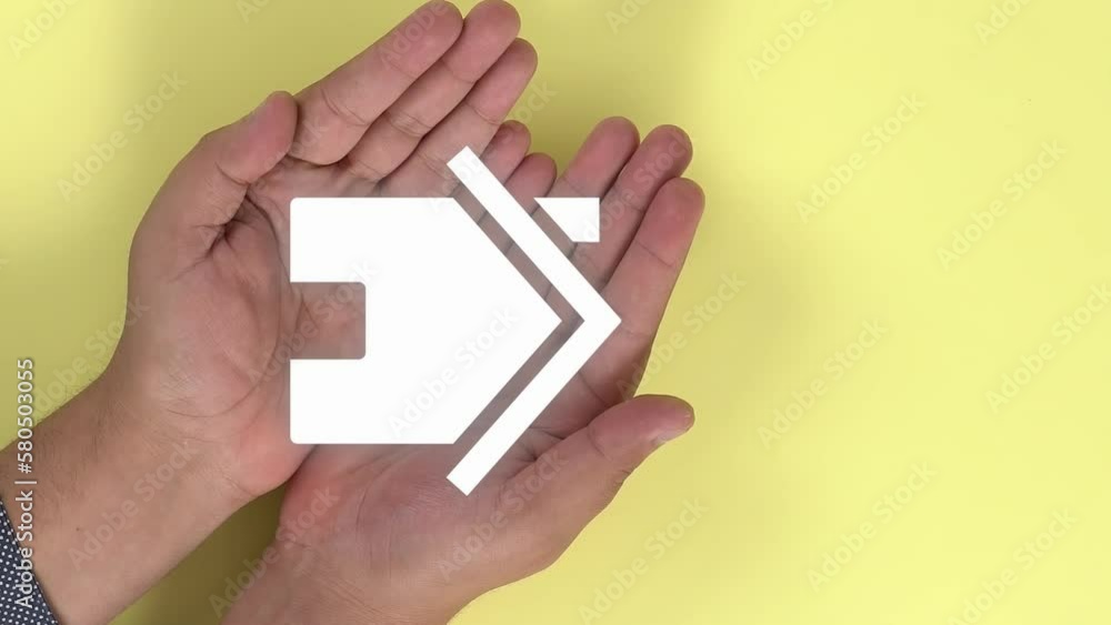 Hands of a person opening themselves and animation of a symbol of a house appearing on them. Yellow background. Hands of a person opening themselves and animation of a symbol of a house appearing on them. Yellow background.