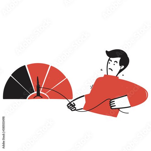 hand drawn doodle people trying to raise the level meter indicator illustration