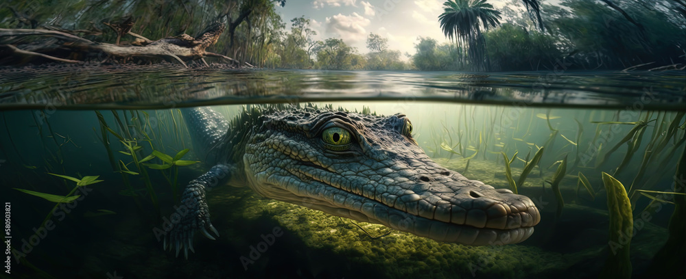 ?????????????? selfie of an alligator swimming upstream in a shallow ...