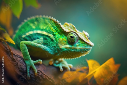 Macro shots, green chameleon in a beautiful natural scene. Generative AI