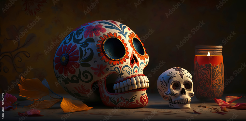 Animated style sugar skull for Dia de los Muertos celebration. AI-Generated