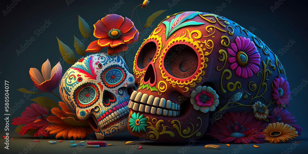 sugar skull dia de los muertos animated style. AI-Generated