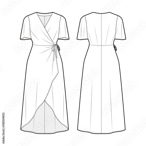Women's Crossover Short Sleeve Wrap Dress fashion vector sketch, Apparel template - Illustrator CC