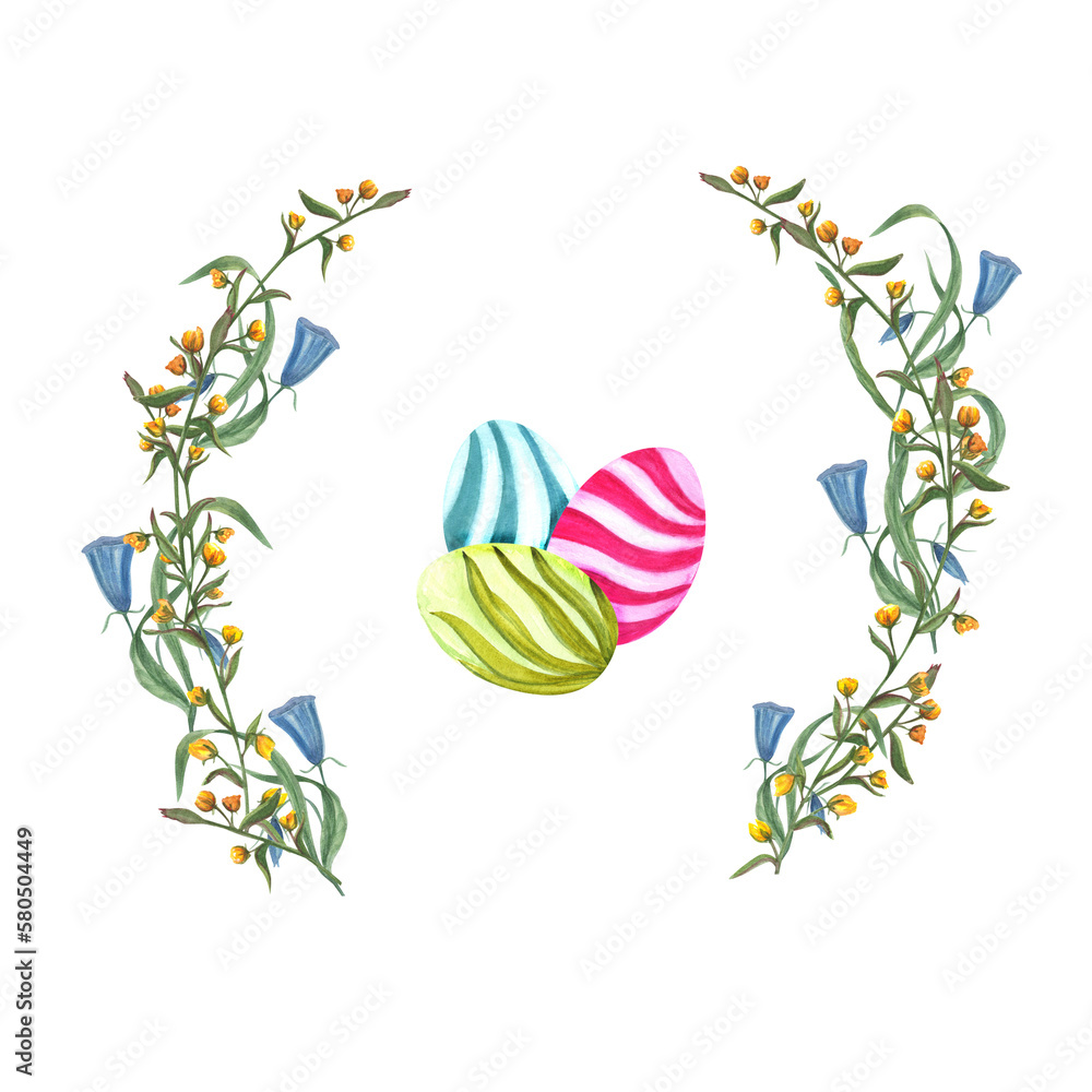 Set of watercolor easter eggs with flowers isolated on a white background. Hand drawn illustration for wallpaper, print, scrap, banner design, postcards, template