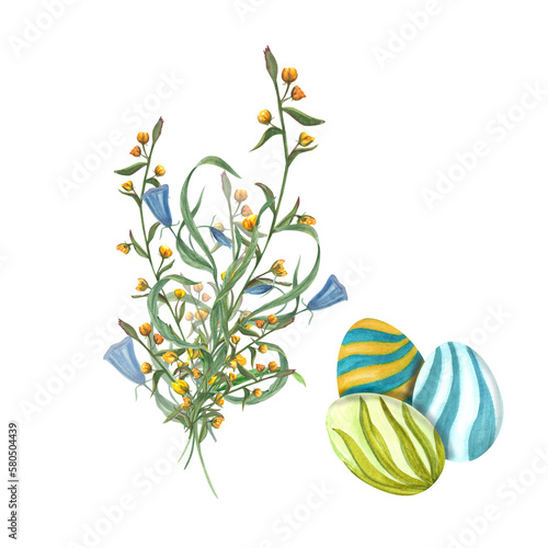 Set of watercolor easter eggs with flowers isolated on a white background. Hand drawn illustration for wallpaper, print, scrap, banner design, postcards, template
