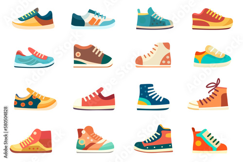 Children's shoes vector illustration collection set. Kid sneakers set. Flat catoon illustration © AlexxxA