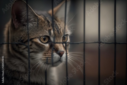 A picture of a sad, lonely stray cat at an animal shelter. Cat looking for a place to live for good. Animal rescue concept. Generative AI