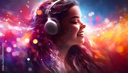 Illustration of a pretty girl in headphones enjoying beautiful music. Created with generative AI.