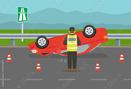 Car flips onto roof after colliding with vehicle. Upside down car crash on highway. Police officer records a road accident. Flat vector illustration template.