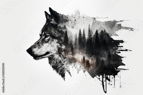 The double exposure of the wolf face on a white background. Generative AI