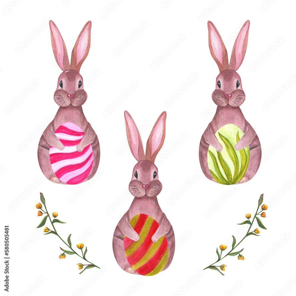 Obraz premium Set of watercolor easter hares, eggs and leaves isolated on a white background. Hand drawn illustration for wallpaper, print, scrap, banner design, postcards, template