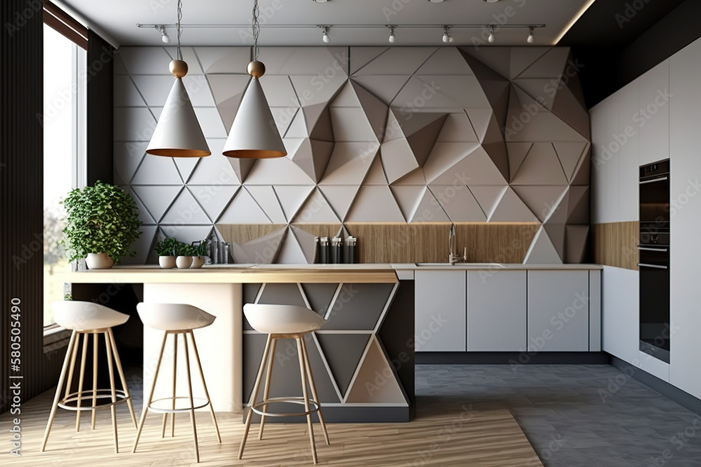 This stylish modern kitchen is nicely designed with a kitchen island ...