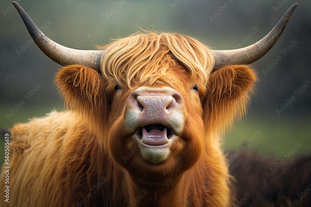 Close up of a cow in Scotland with its mouth open and tongue out. Portrait of Scottish Highland cows. Generative AI - obrazy, fototapety, plakaty 