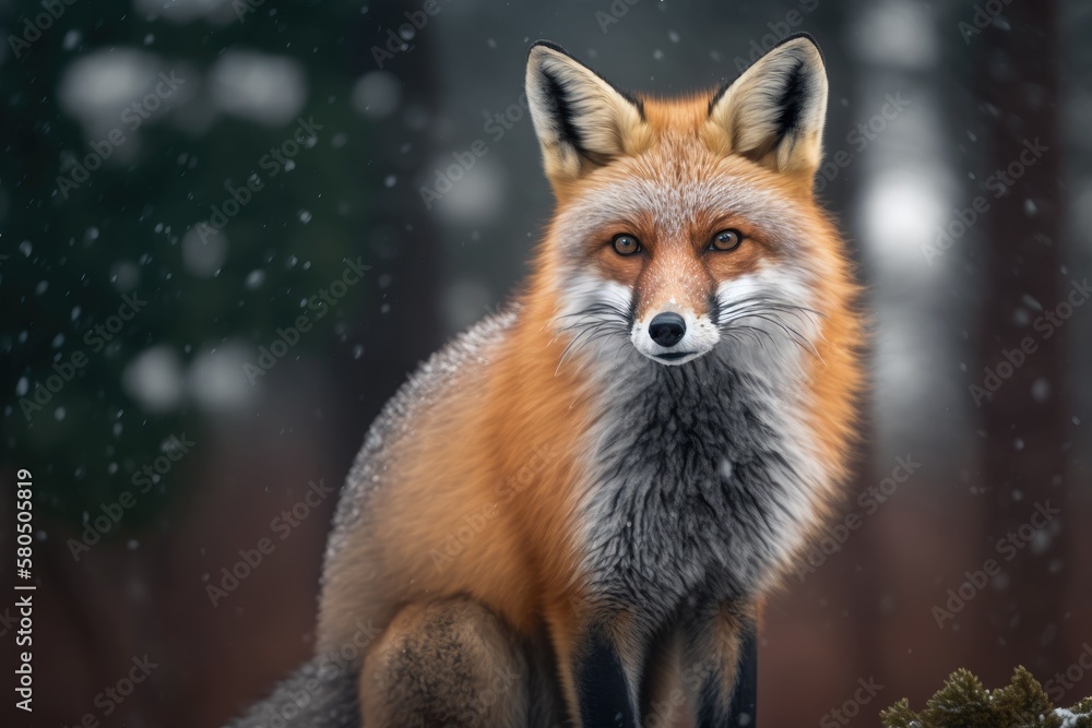 Red Fox Vulpes vulpes, sitting up at attention, looking straight into the camera, a little snow on its face, and bokeh trees in the background. Generative AI Red Fox Vulpes vulpes, sitting up at attention, looking straight into the camera, a little snow on its face, and bokeh trees in the background. Generative AI