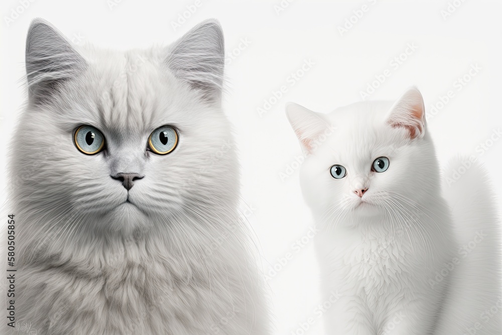 Big Cat next to a small white Cat, both of them standing alone on a white background. Two cats in a picture. Animals get along. Closeup of two different cats. space where text could go. Pet care. Web Big Cat next to a small white Cat, both of them standing alone on a white background. Two cats in a picture. Animals get along. Closeup of two different cats. space where text could go. Pet care. Web