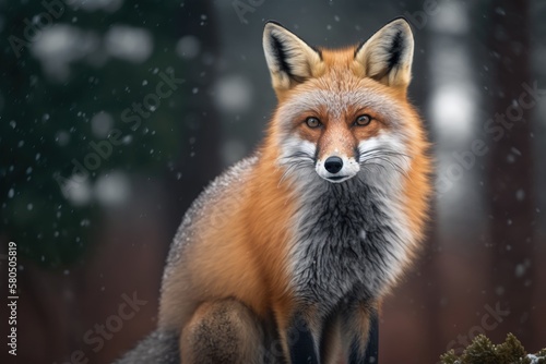 Red Fox Vulpes vulpes, sitting up at attention, looking straight into the camera, a little snow on its face, and bokeh trees in the background. Generative AI © AkuAku