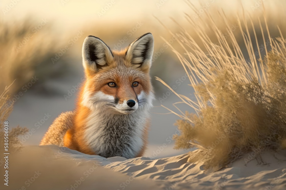 Obraz premium A red fox is sitting in the dunes against a natural background. Generative AI