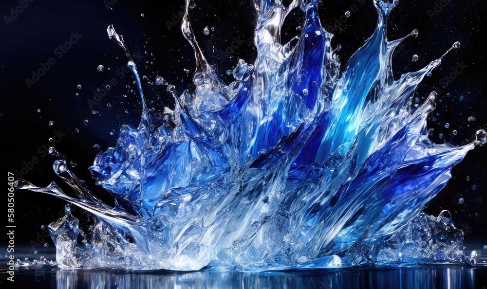 Fototapeta premium Blue Water splashes on black - abstract freeze frame, Generative AI. 