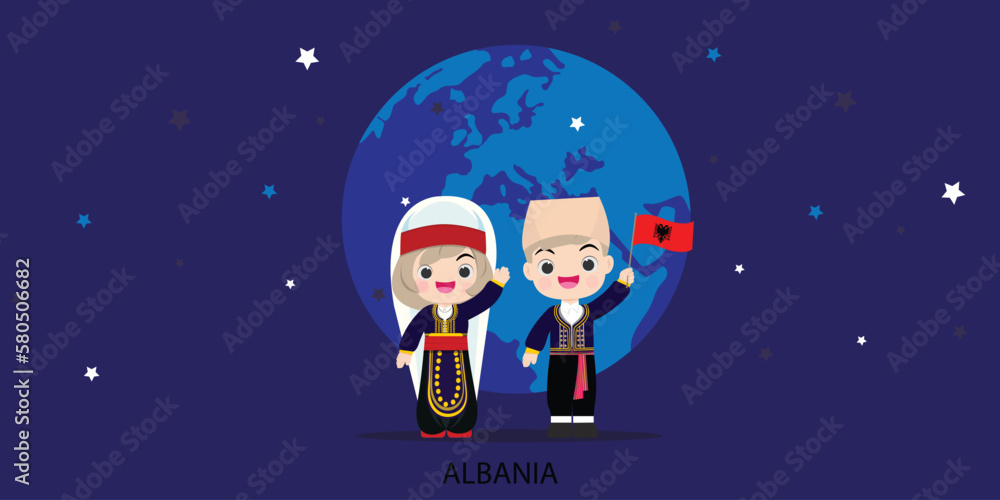 ntional children Albania of different races and colors holding hands and  on the globe, the planet. vector illustration