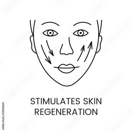 Stimulates skin regeneration line icon in vector, girl face illustration with arrows
