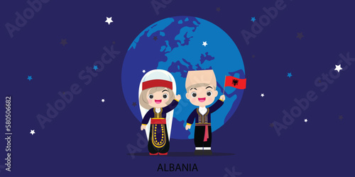 ntional children Albania of different races and colors holding hands and on the globe, the planet. vector illustration