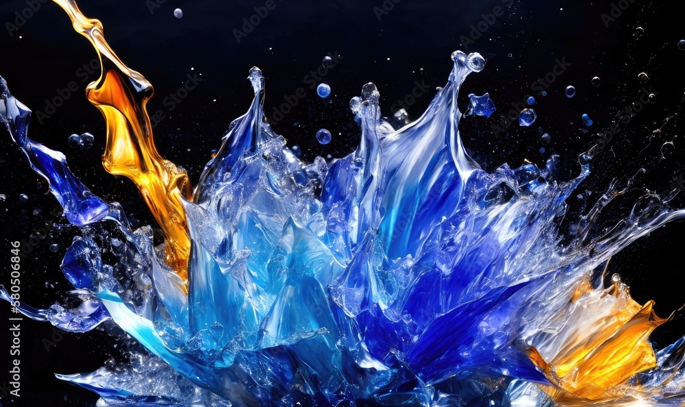 Fototapeta premium Blue Water splashes on black - abstract freeze frame, Generative AI. 
