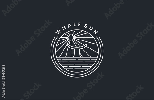 circle whale sun logo vintage vector illustration design, whale fish line art logo design