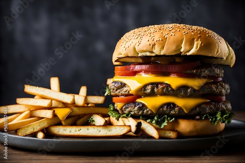 Delicious hamburger with cheese and fries [AI Generated]
