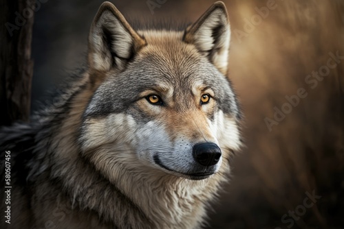 Portrait of a Grey Wolf  Canis lupus  in a zoo. Generative AI