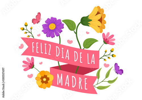Feliz Día De La Madre Illustration with Celebrating Happy Mother Day and Cute Kids in Flat Cartoon Hand Drawn for Web Banner or Landing Page Templates