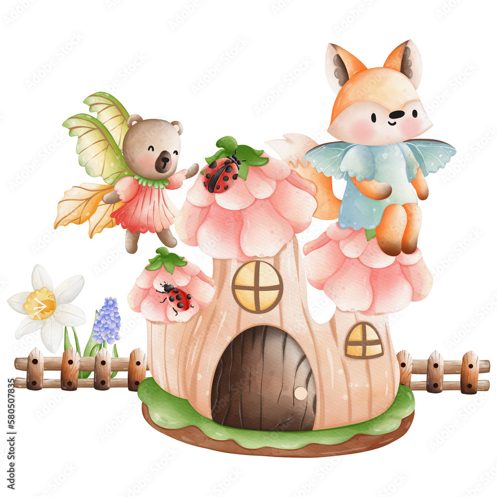Obraz premium Cute Animal fairy and fairy house, Spring Season illustration Element