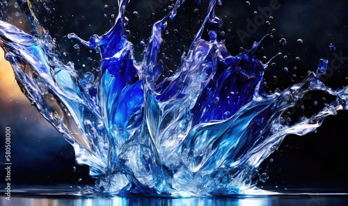 Blue Water splashes on black - abstract freeze frame, Generative AI. 