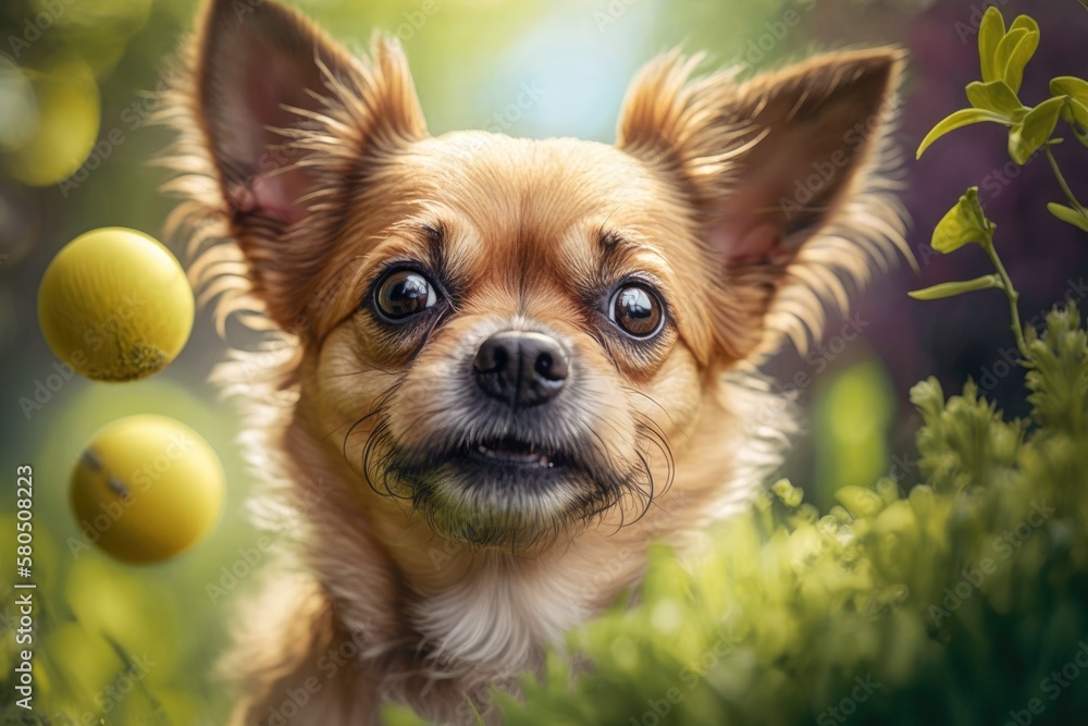 A portrait of a small dog looking at the camera from up close. Little dog in the garden with a ball on a sunny spring or summer background. Pet care concept. How pets live. Happy animals. Generative A portrait of a small dog looking at the camera from up close. Little dog in the garden with a ball on a sunny spring or summer background. Pet care concept. How pets live. Happy animals. Generative
