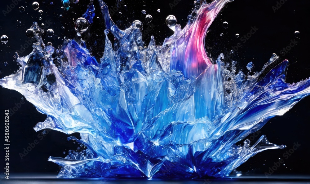 Obraz premium Blue Water splashes on black - abstract freeze frame, Generative AI. 