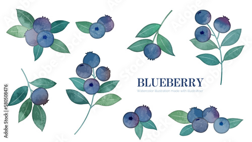 ブルーベリーの水彩画風イラストパーツセット