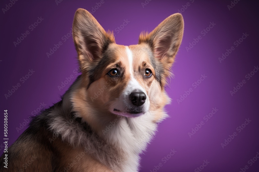 Studio shot of a portrait of a beautiful dog against a purple background. Cute pet selective attention. Pet Lover concept . Pets indoors. Care for pets and ideas about animals. From the front
