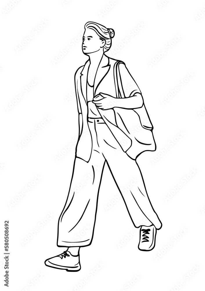 woman walking shopping free time art hand drawn illustration
