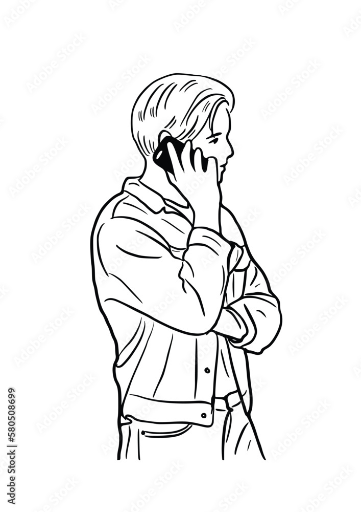 man talking on the phone hipster people streetwear hand drawn art illustration