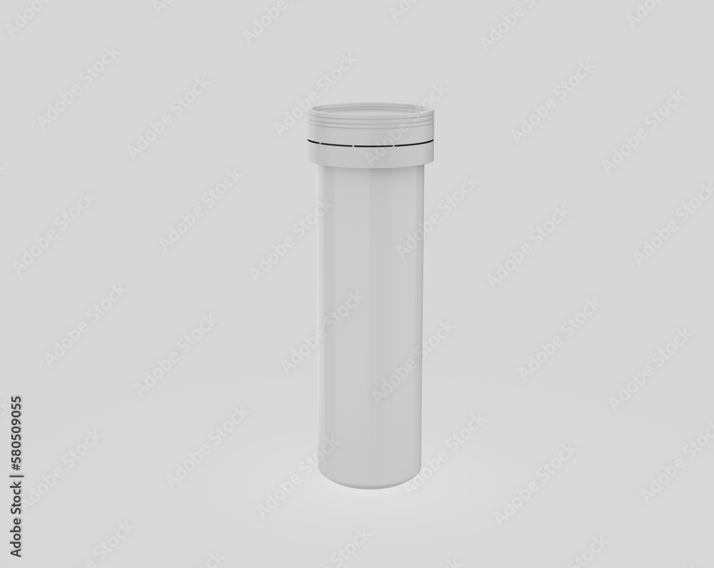 Round white matte aluminum tube with cap for effervescent or carbon tablets, pills, vitamins. Realistic packaging. 3d Illustration Round white matte aluminum tube with cap for effervescent or carbon tablets, pills, vitamins. Realistic packaging. 3d Illustration