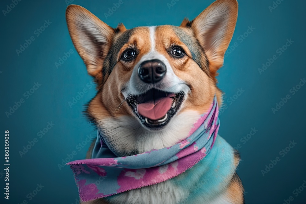 Portrait of a pembroke welsh corgi dog wearing a pink bandana tie and looking at the camera with its mouth open, seen from the front on a blue background. Generative AI Portrait of a pembroke welsh corgi dog wearing a pink bandana tie and looking at the camera with its mouth open, seen from the front on a blue background. Generative AI