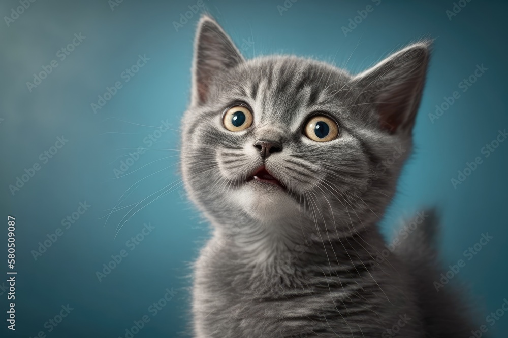 Portrait of a funny gray kitten with a blue background that winks. Generative AI Portrait of a funny gray kitten with a blue background that winks. Generative AI