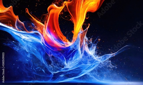 Water splashes with blue and orange colors, abstract like fire and smoke. Generative AI