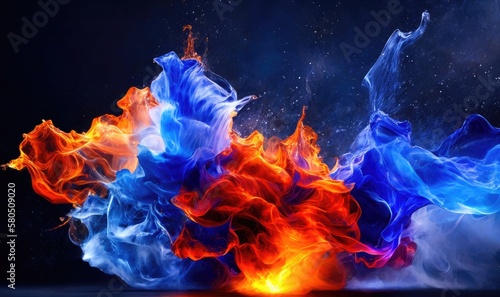Water splashes with blue and orange colors  abstract like fire and smoke. Generative AI