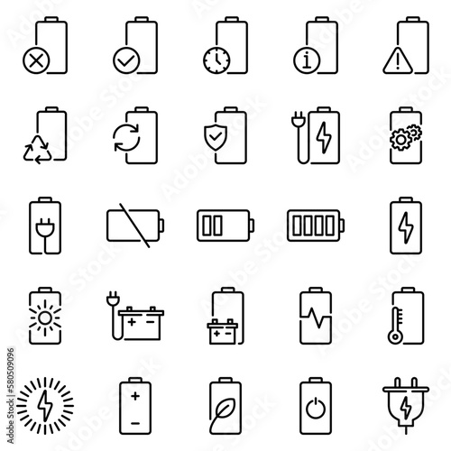 Set of 25 battery line icon. load, recovery, lightning, recycle, lined, supply, charge, electrical, eco, electricity, outline, fast, time